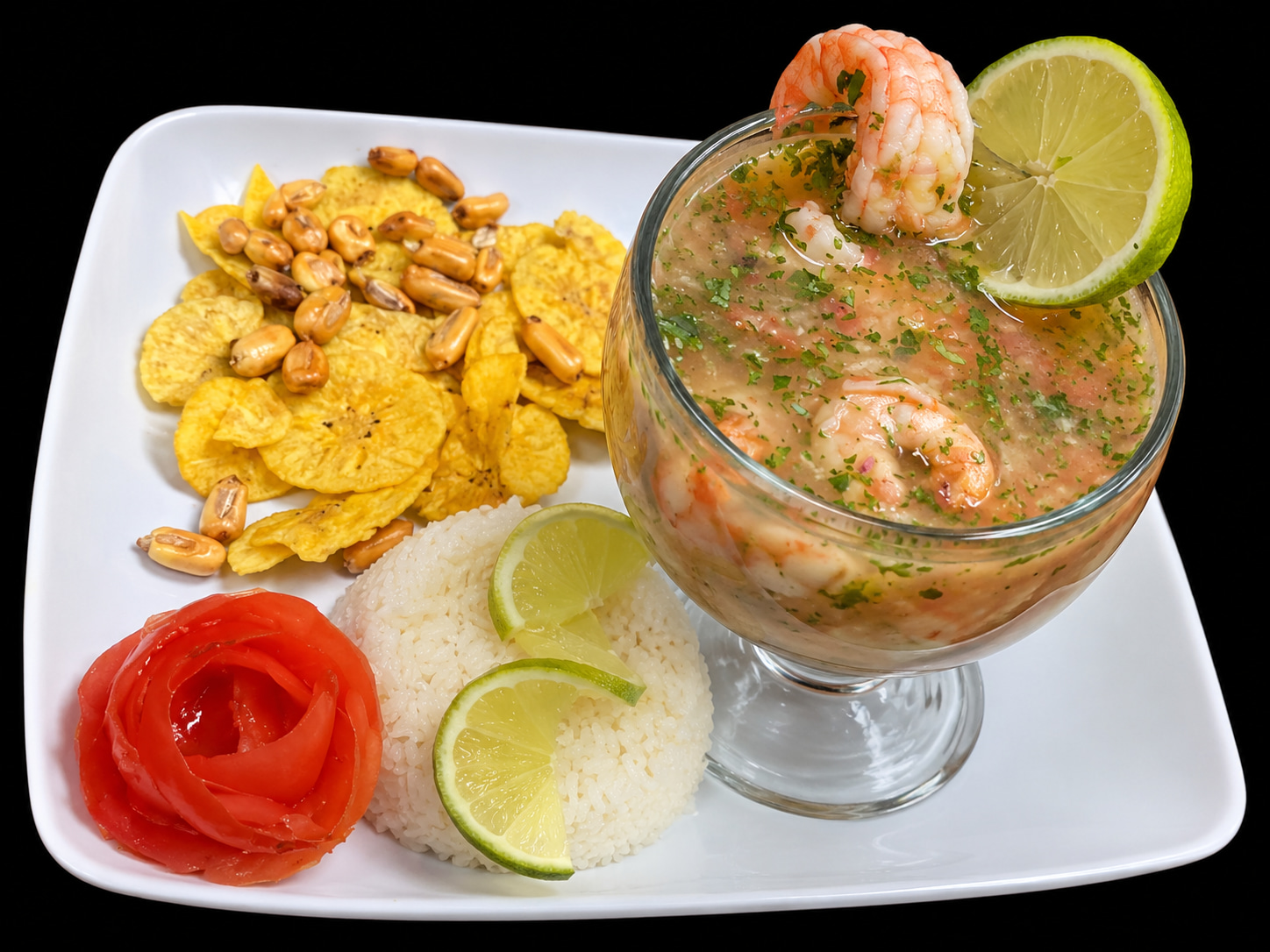 Shrimp ceviche with onion, tomato juice, lime, toasted plantain chips, and rice at Floritas Delicias Latinas in East Orange, NJ