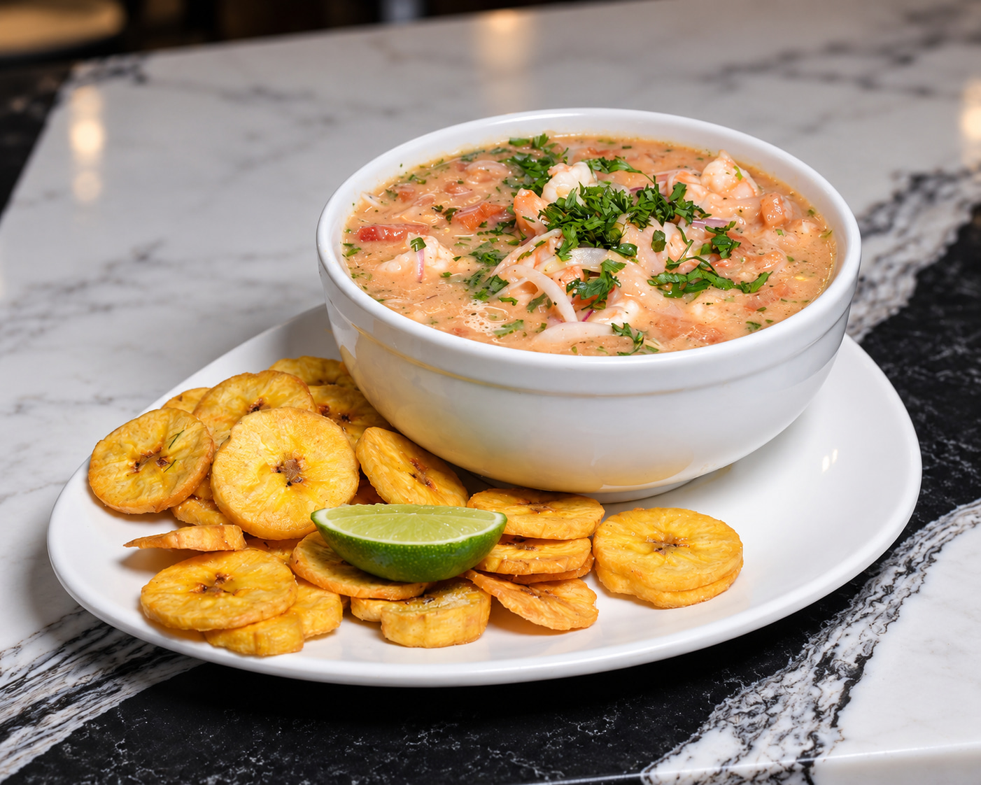 Shrimp ceviche with onion, tomato juice, lime, and toasted plantain chips at Floritas Delicias Latinas in East Orange, NJ.