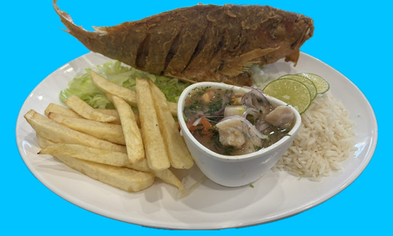 Fried fish with tostones and salad at Floritas Delicias Latinas in East Orange, NJ.