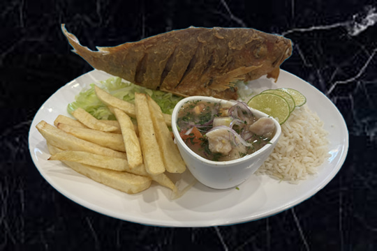 Fried fish with tostones and salad at Floritas Delicias Latinas in East Orange, NJ.